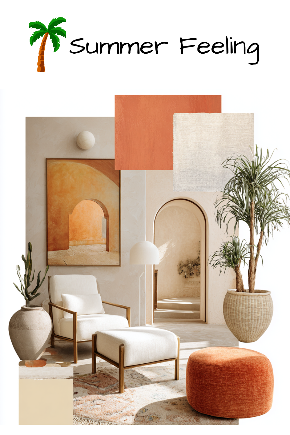 Mood board for a Mediterranean-style living room with furniture, potted plants, and material swatches.