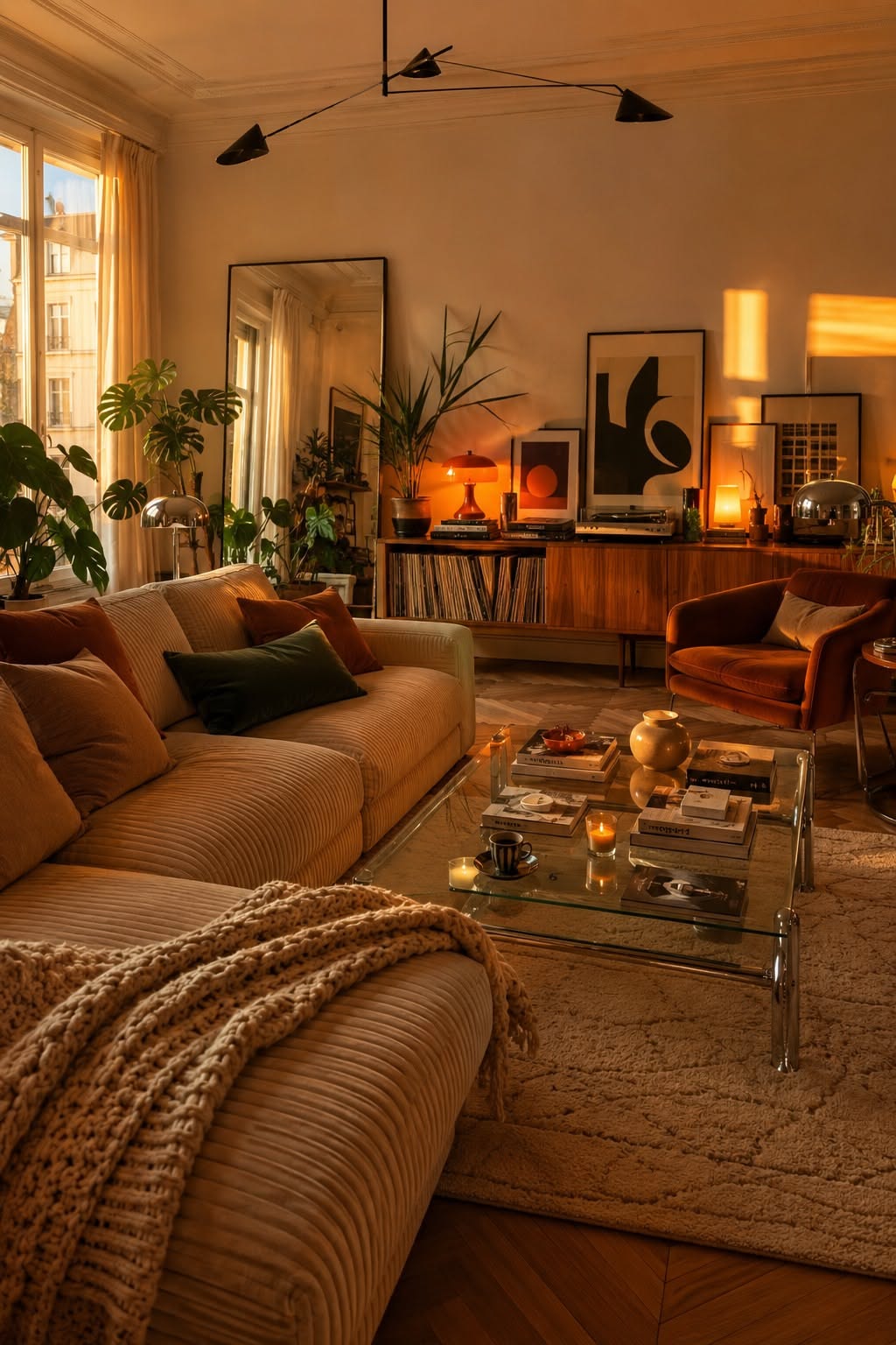 Living room with a large corduroy sectional sofa, glass coffee table, wood console, and warm lighting