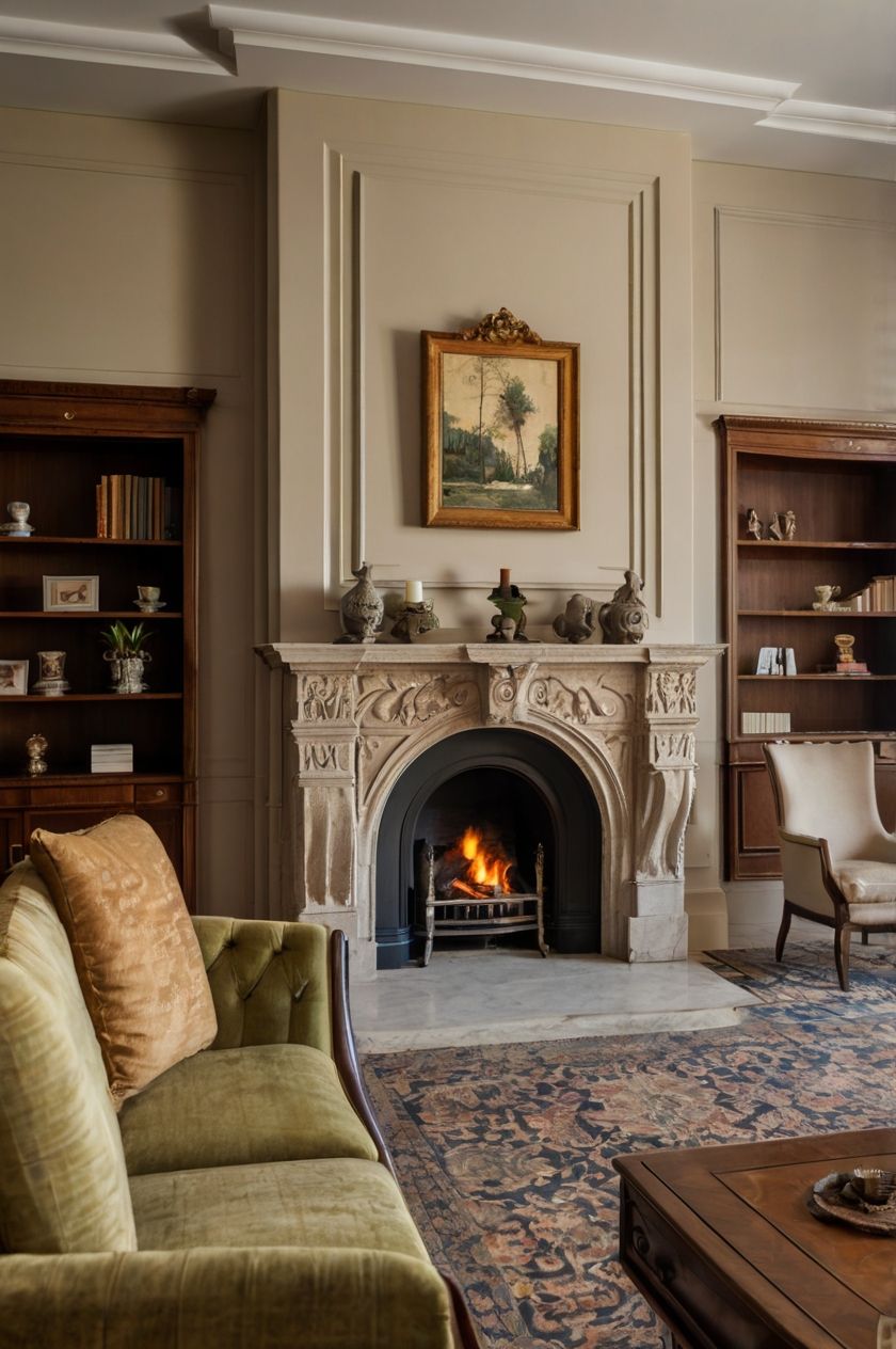 A formal living room with a lit fireplace, stone mantel, green sofa, wood bookcases, and an oriental rug.