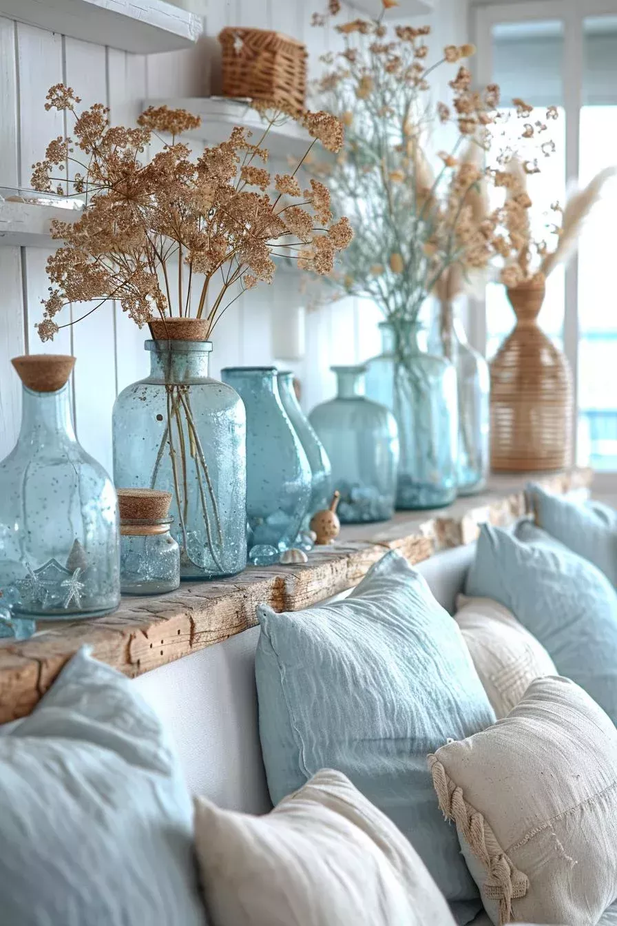 A collection of various blue glass bottles and jars, some with cork stoppers, displayed on a rustic wooden shelf alongside…