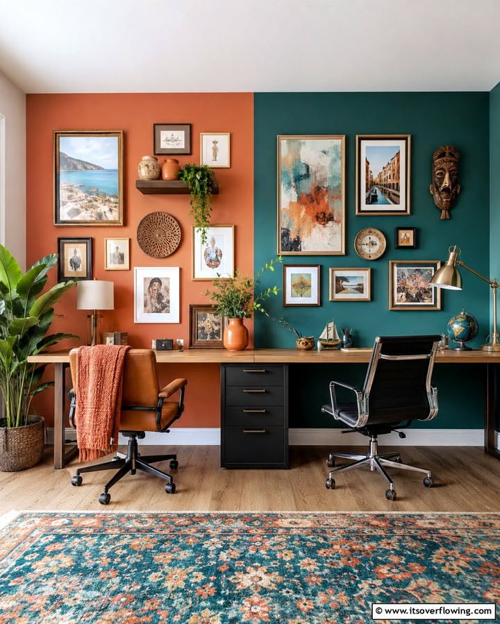 Two desks pushed together, creating one long desk, against a wall painted half terracotta and half teal.