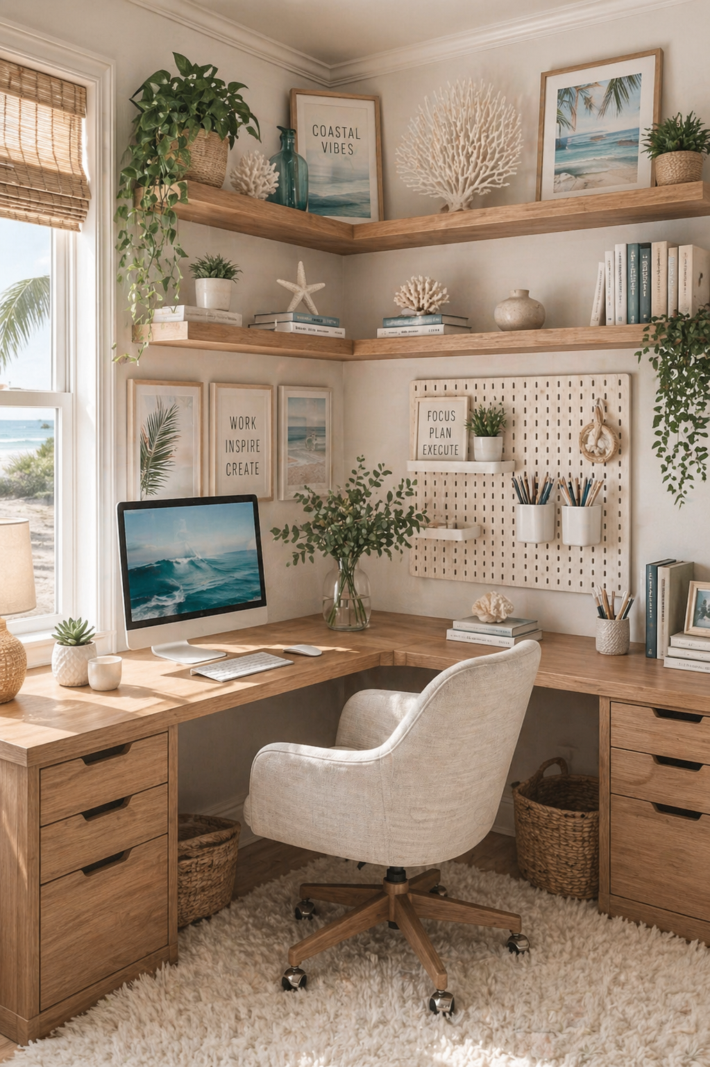 An L-shaped wooden desk and matching shelving in a home office, with a window view of the ocean.