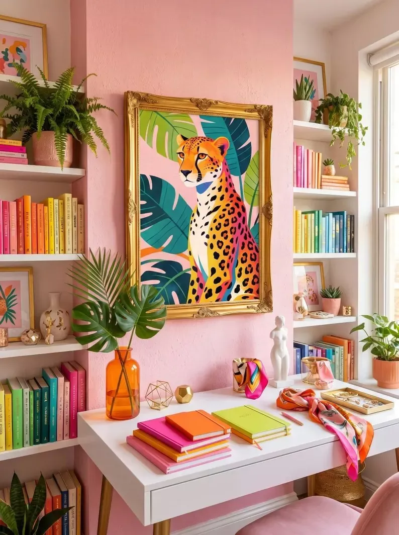 A colorful cheetah print painting in a gold frame above a white desk with several bright notebooks and a green plant.