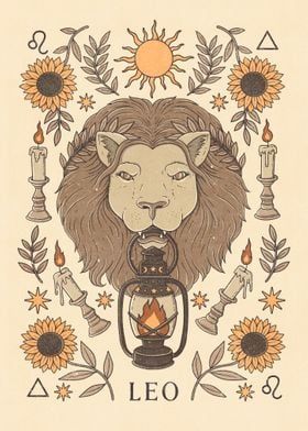 Illustration of a lion's head with a lantern in its mouth, surrounded by suns, sunflowers, leaves, and candles.