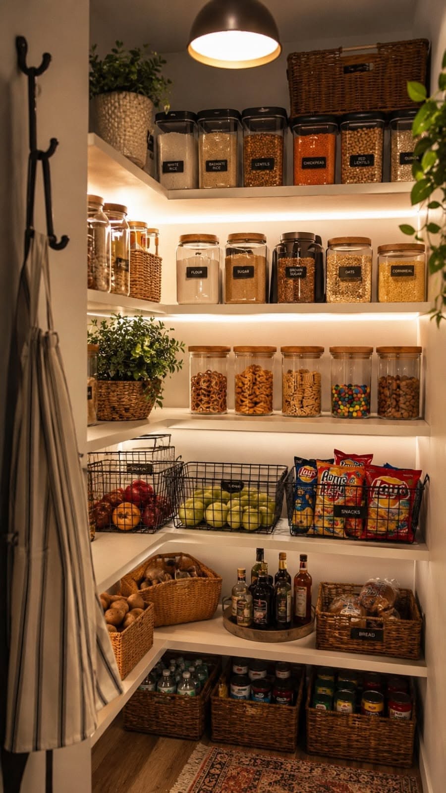 Organized pantry with shelves, various clear containers holding dry goods, and baskets of produce and snacks.