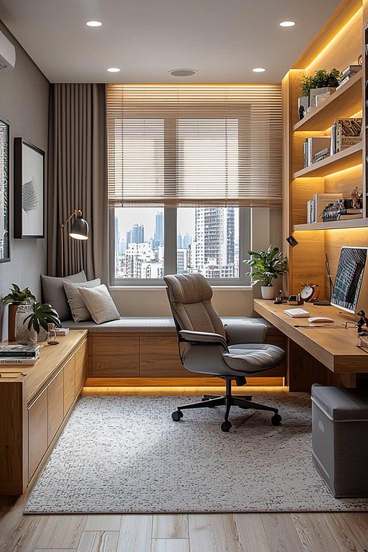 A home office with a wooden desk and built-in shelving, illuminated by warm lights, and a window seat with pillows.