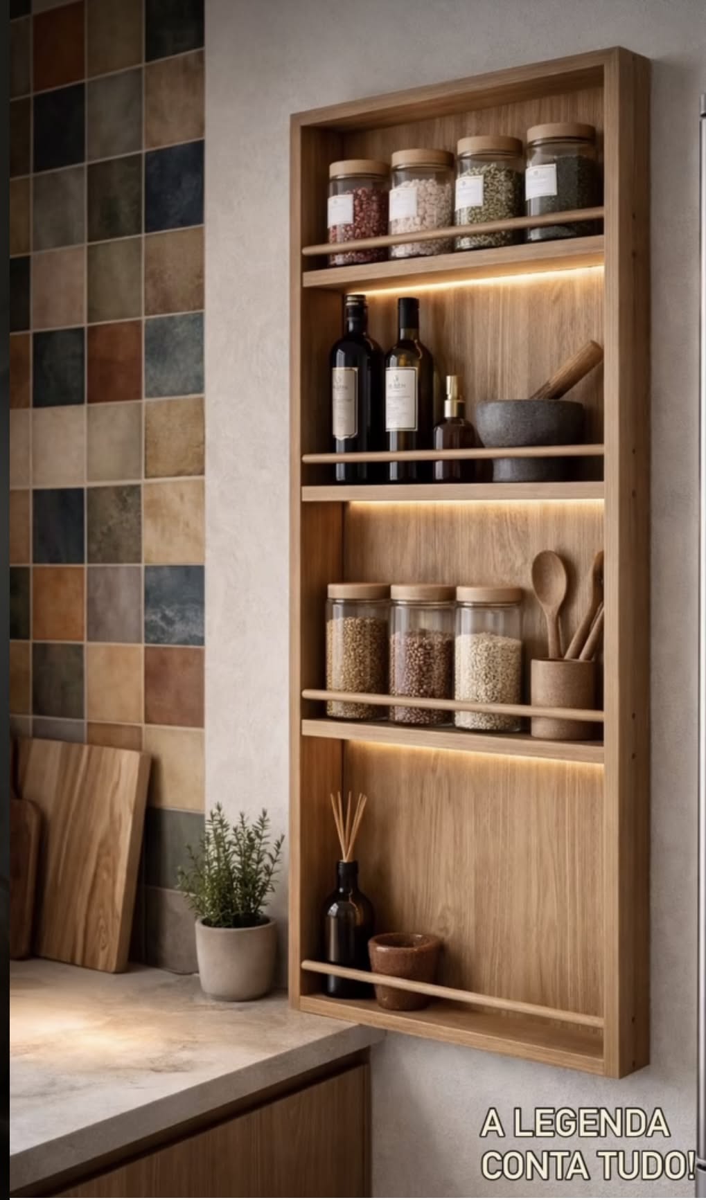 A narrow wooden wall-mounted storage unit on a kitchen wall next to a tiled backsplash.