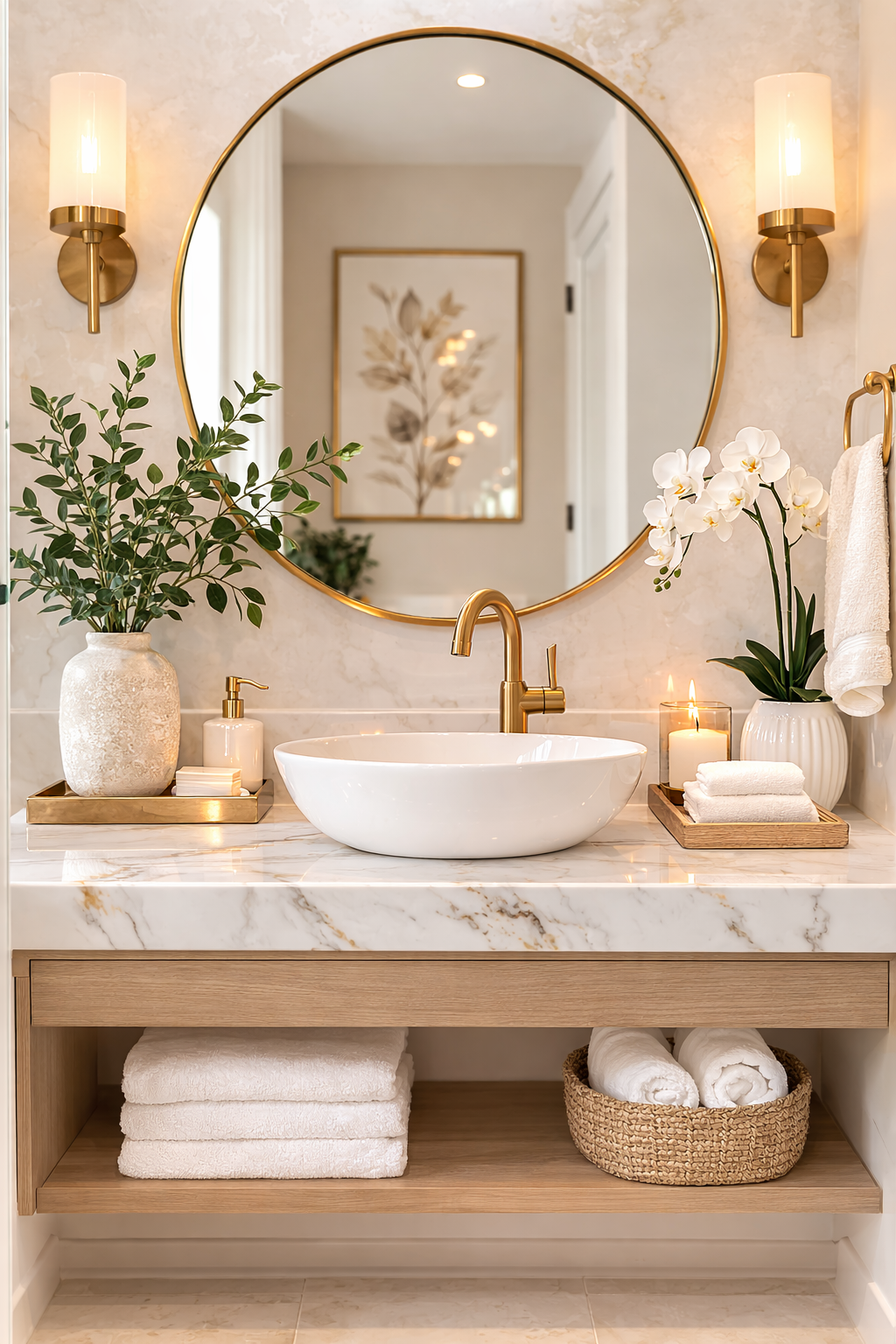 A bathroom vanity with a white vessel sink, gold faucet, round gold-framed mirror, and open storage beneath.