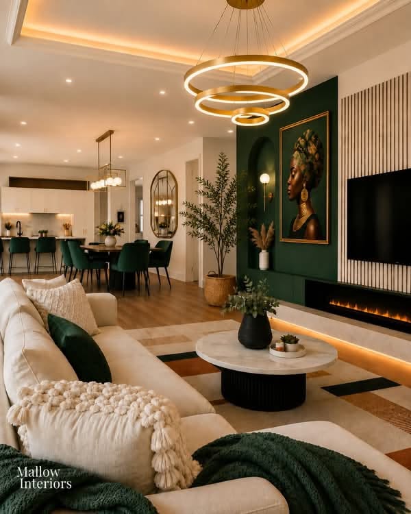 Spacious open-concept living room with a large L-shaped sectional sofa and a round marble coffee table.