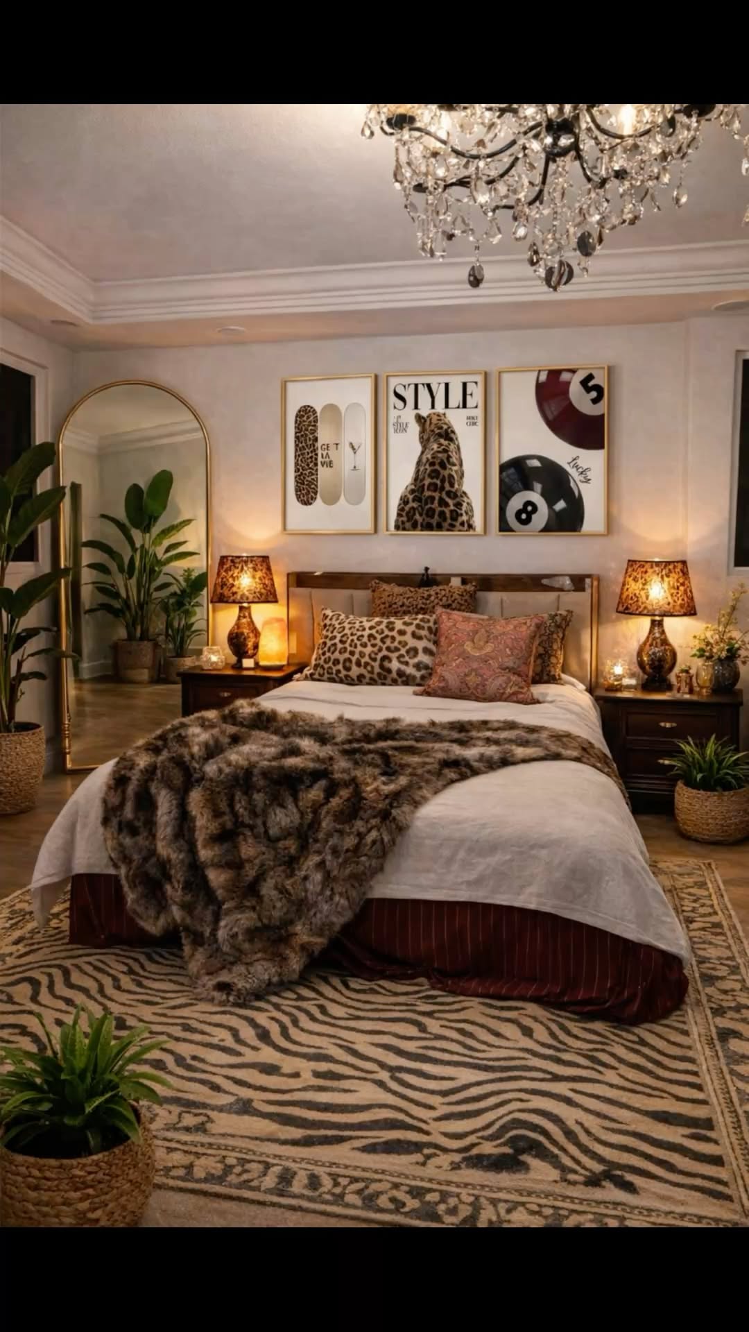 A bedroom with a large bed, two nightstands with lamps, a full-length mirror, and potted plants.