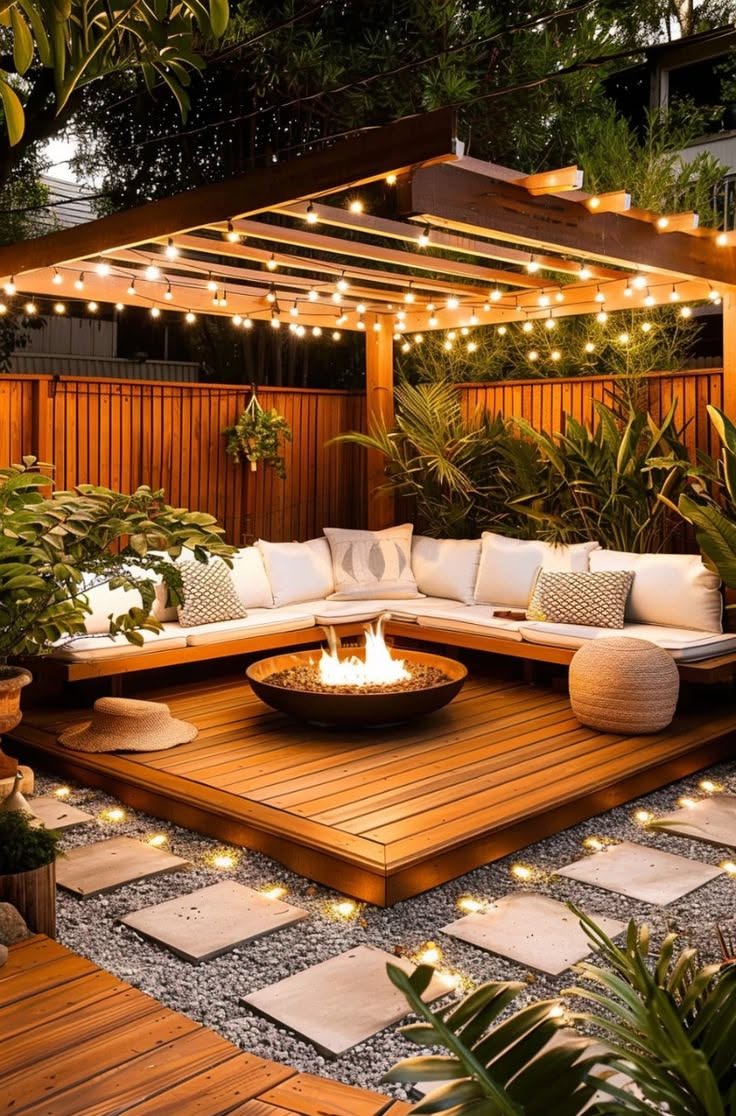 A wooden patio with a U-shaped built-in couch around a fire pit under a pergola with string lights, surrounded by plants.