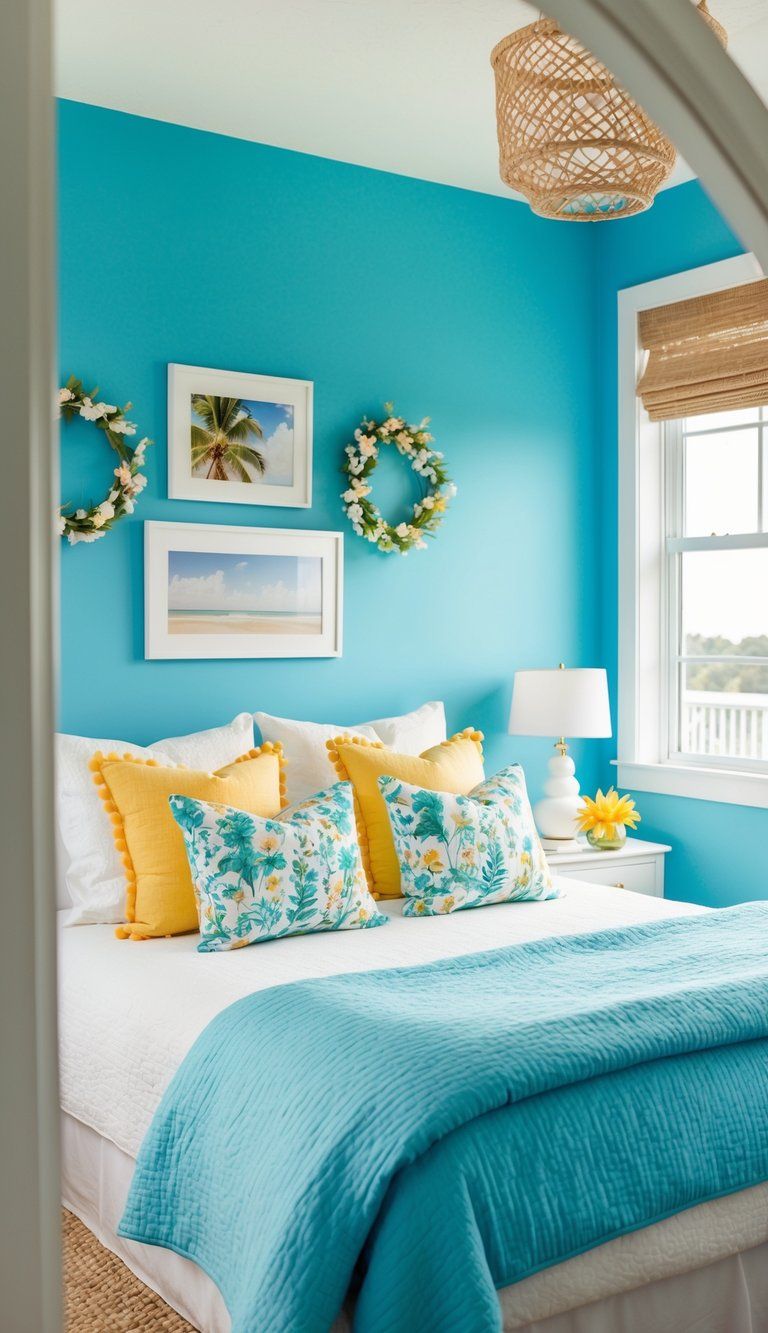 Bedroom with bold blue walls, white bed with a blue blanket, and yellow and patterned pillows.