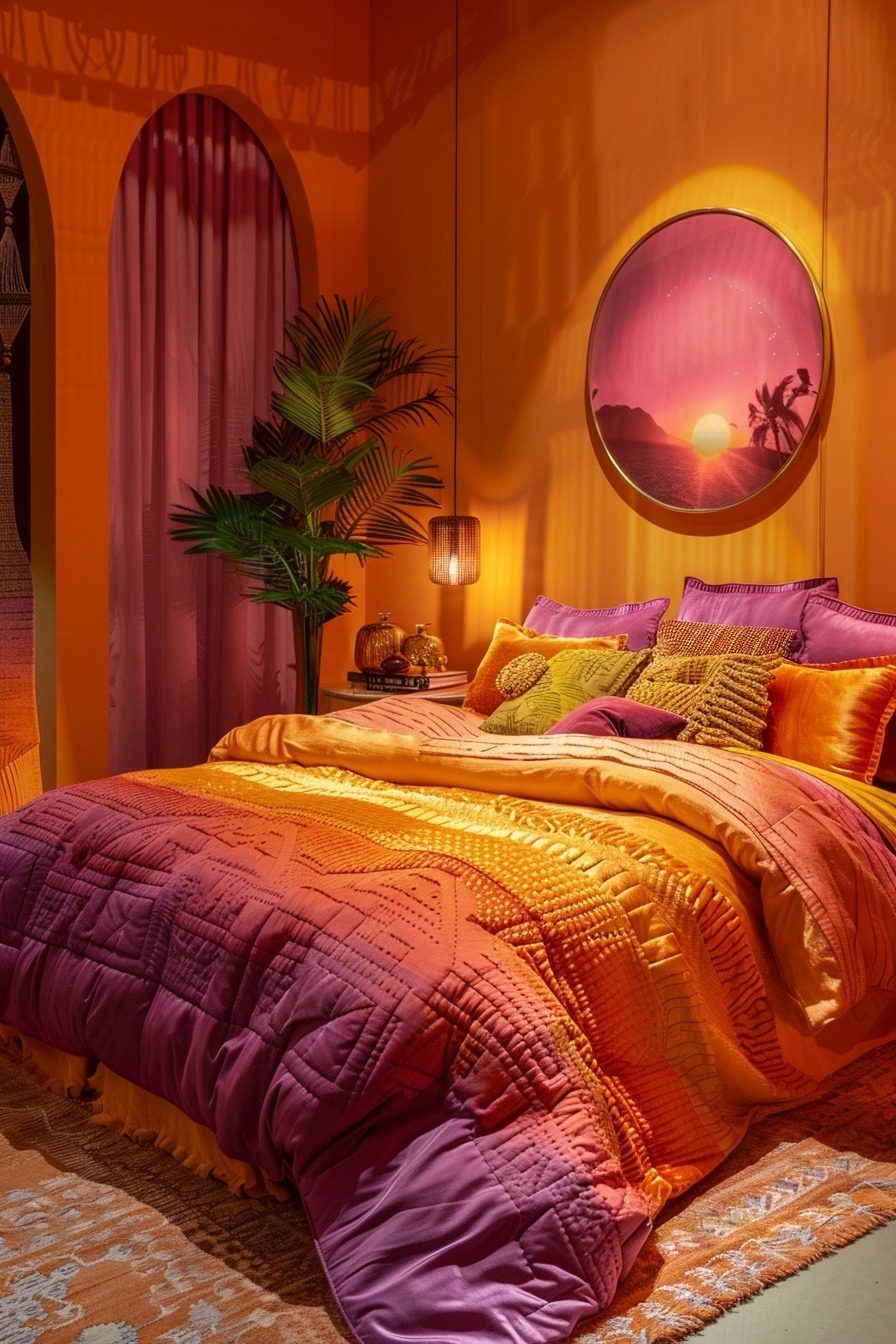 Bedroom with orange and pink walls and bedding. A large circular art piece depicting a sunset hangs on the wall.