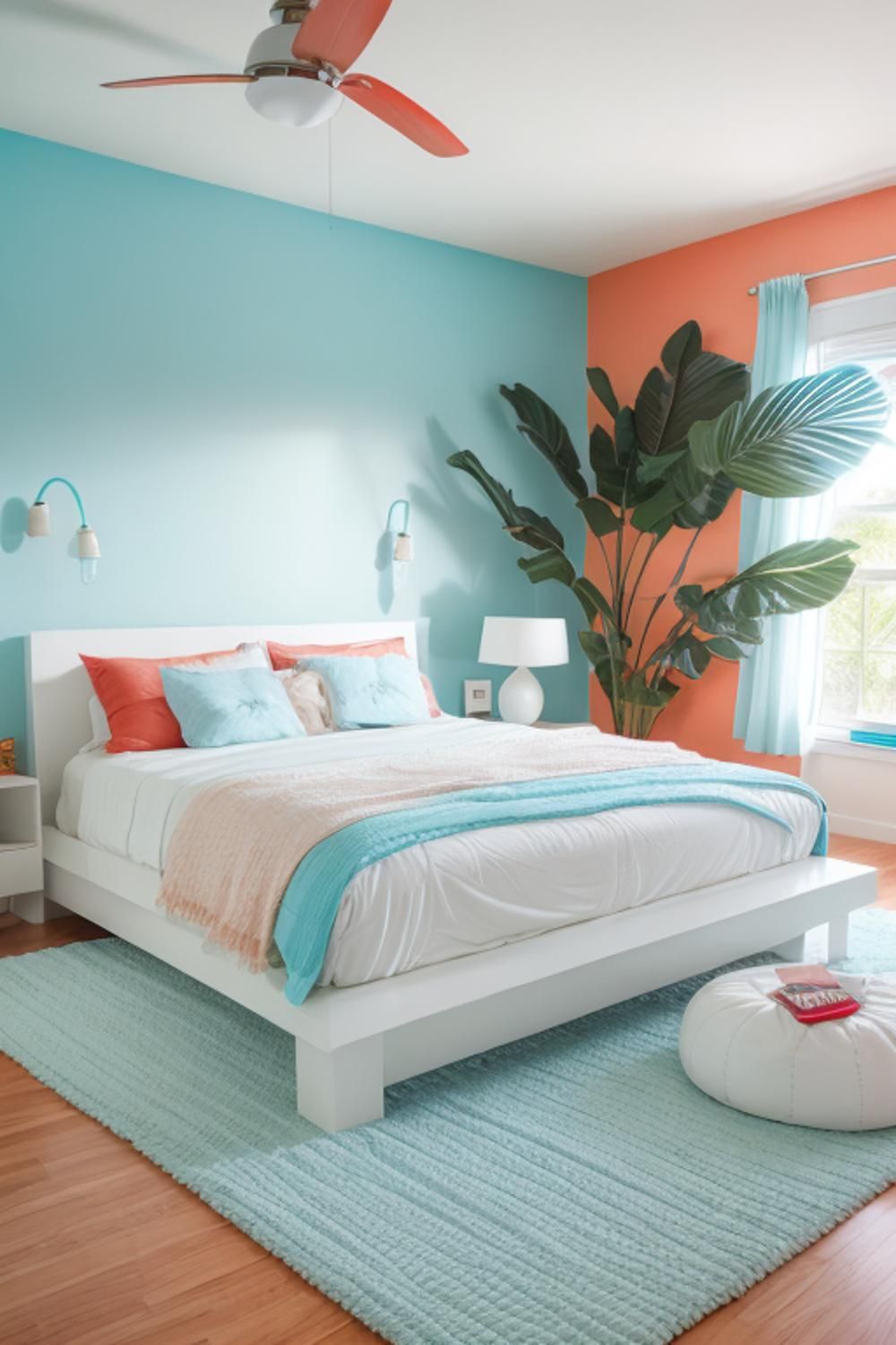 Bedroom with two-tone walls in warm coral and cool teal, with a white bed and light blue rug on hardwood floors.