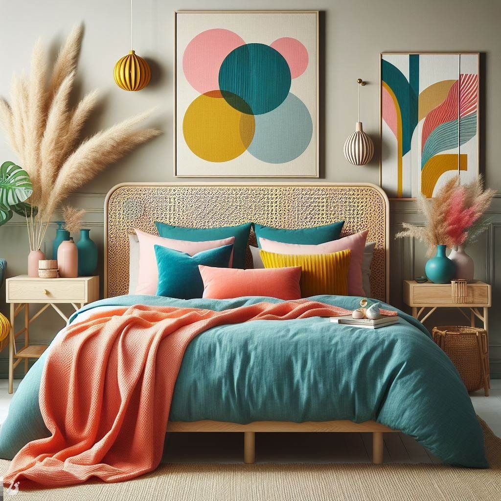 A bedroom with a woven headboard, a blue duvet, and an orange throw. Pillows are pink, yellow, and teal.