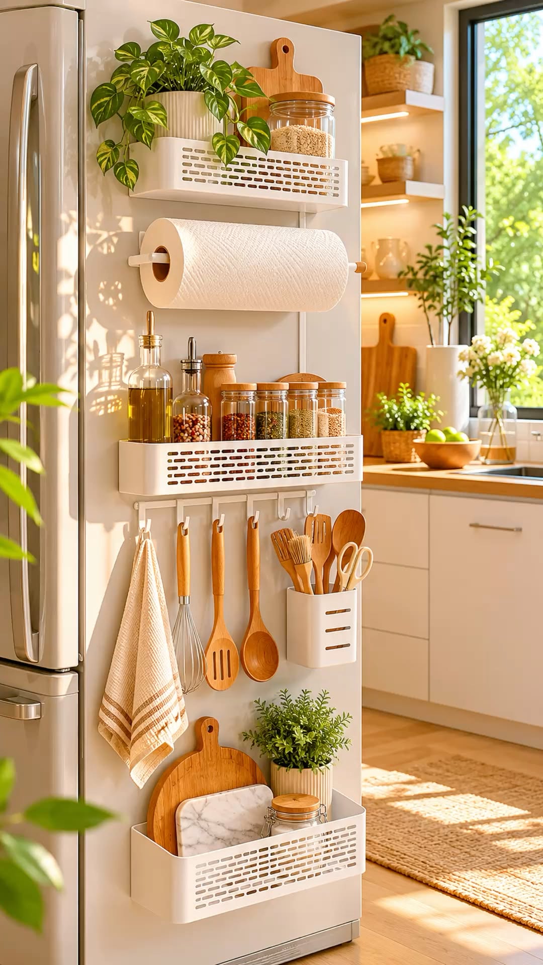 Magnetic storage organizers on the side of a white refrigerator, holding spices, oils, chopping boards, and kitchen utensils.