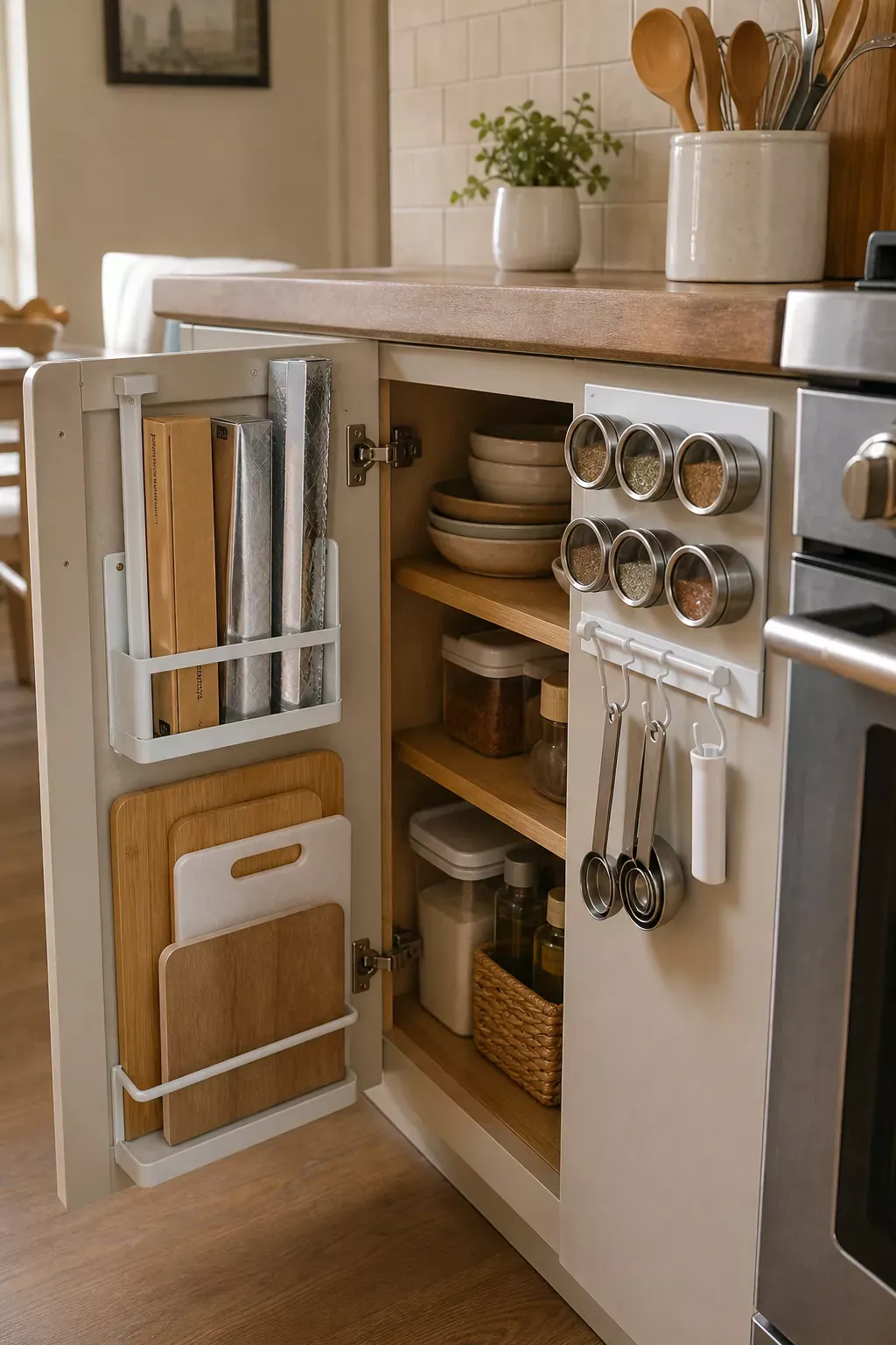 An open kitchen cabinet door with organizers for cutting boards, food wraps, spice jars, and measuring spoons affixed to its…