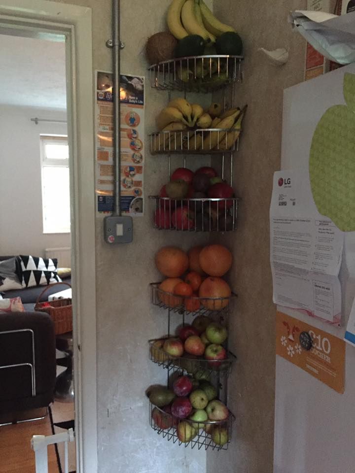 A metal, wall-mounted, tiered fruit basket holding various fruits like bananas, oranges, apples, and avocados.