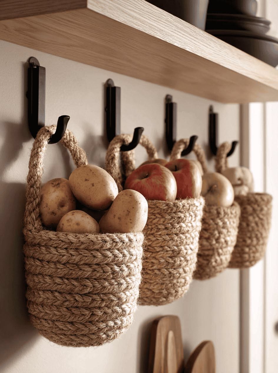 Four braided rope baskets hanging from dark hooks on a wall beneath a wooden shelf. They hold potatoes and apples.