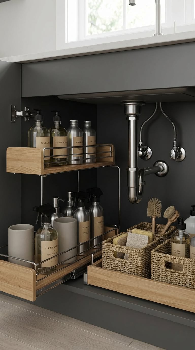 An under-sink cabinet with wood and metal sliding drawers and wicker baskets holding cleaning supplies.