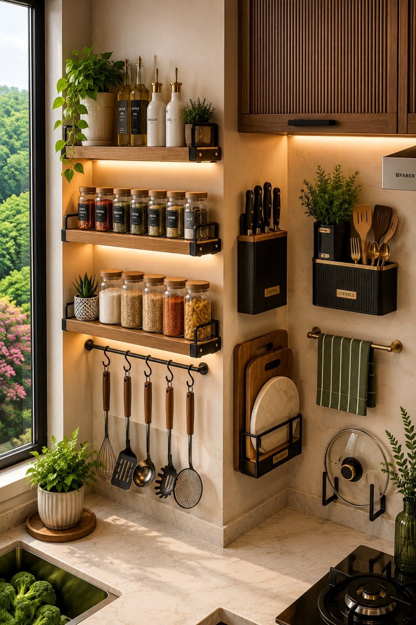 A kitchen counter with wall-mounted storage solutions, including shelves with spices and grains, a rack for hanging…