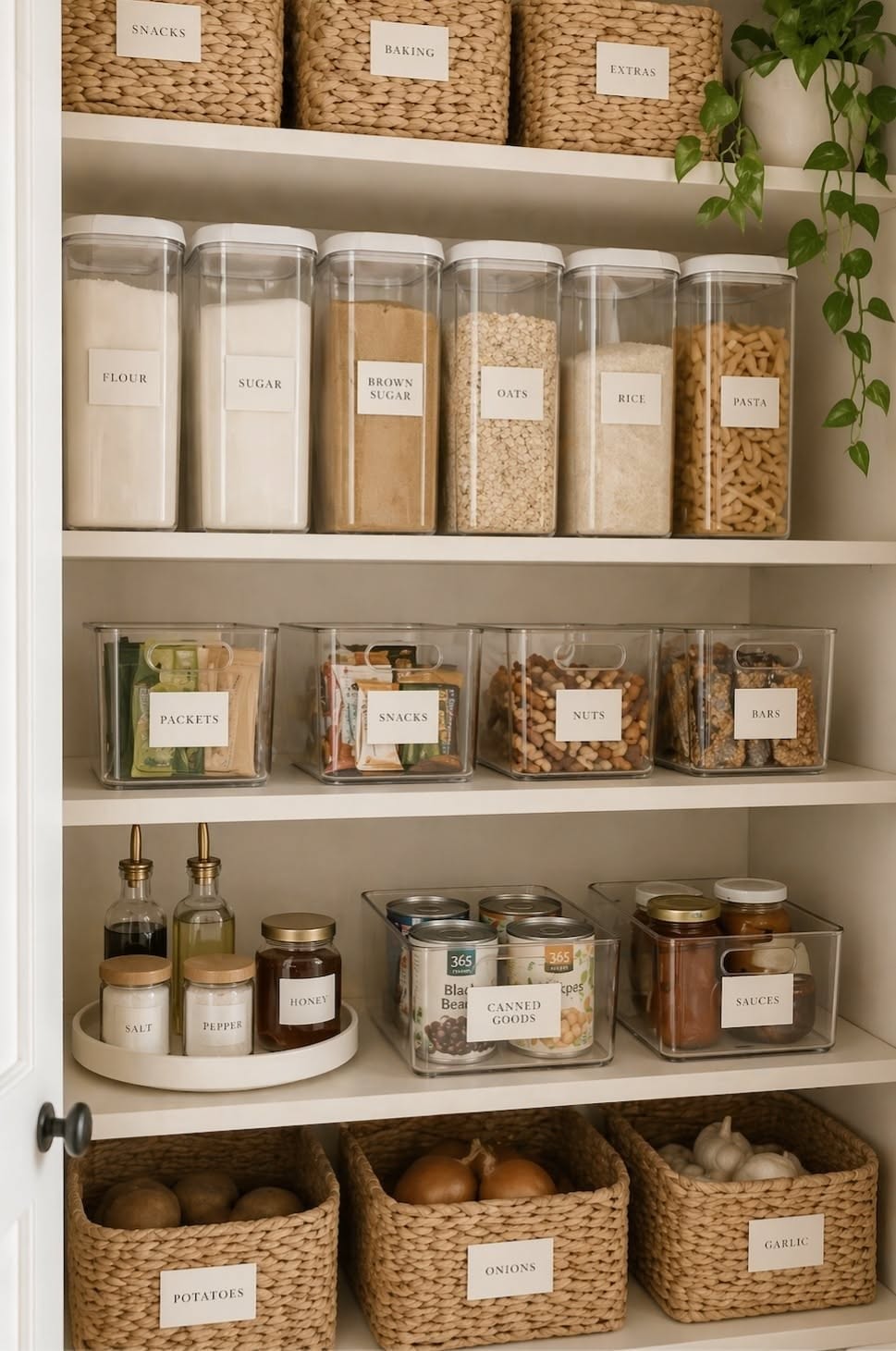An organized pantry with food items stored in uniform, labeled clear containers and woven baskets on white shelves.