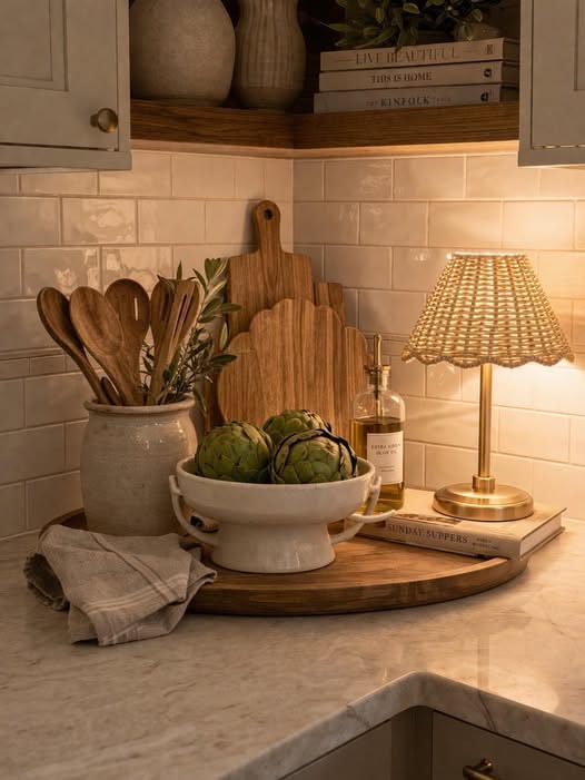 An assortment of wooden kitchen utensils in a ceramic crock, wooden cutting boards, and three artichokes in a ceramic bowl…