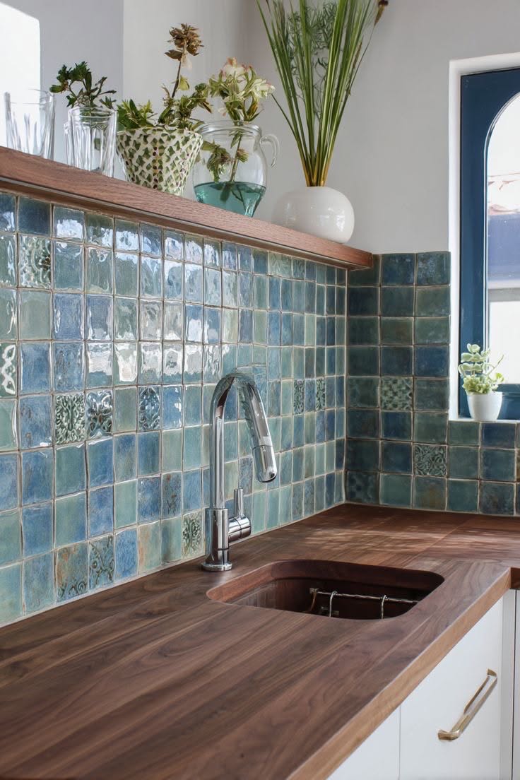 Kitchen countertop and unique sink basin built into dark wood, with a shiny chrome faucet and iridescent blue-green square…