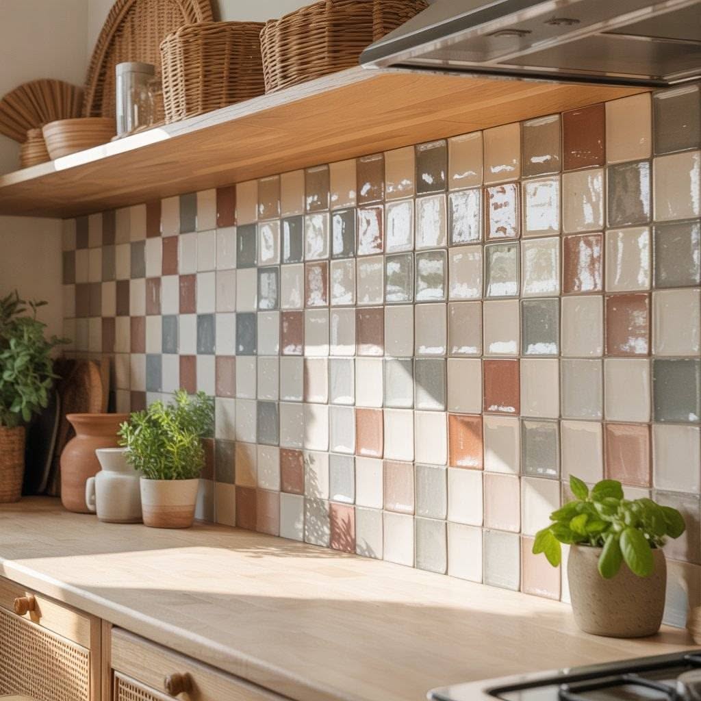 Kitchen backsplash with textured, multicolored square tiles above a light wood countertop, with small potted plants and…