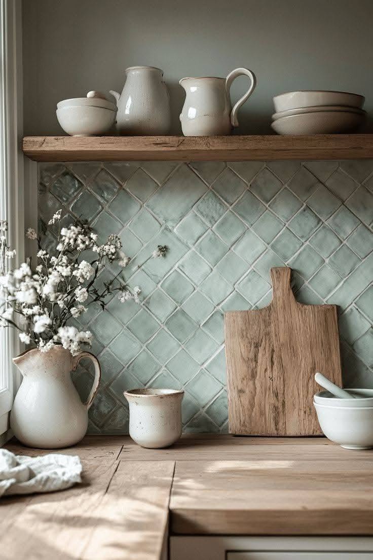 Diamond-patterned glazed teal backsplash with wooden countertops, shelving, white ceramics, and a vase of white flowers.