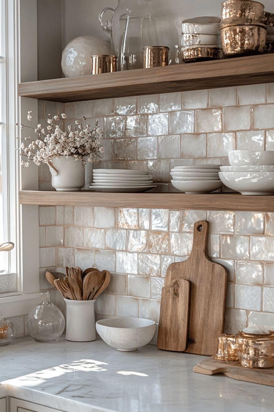 Kitchen backsplash with square, irregularly glistening tiles, open shelving with dishes, and a vase of flowers.