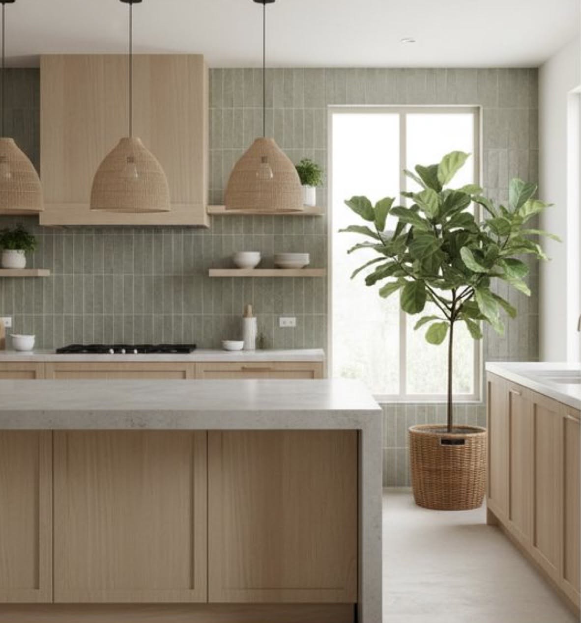 A kitchen with light wood cabinetry, light countertops, and a full-height green tiled backsplash.