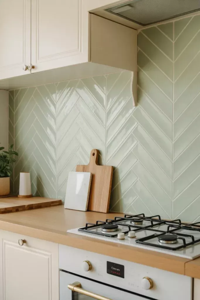 Close-up of a kitchen corner with a light green herringbone tile backsplash above a wooden countertop and off-white cabinets.