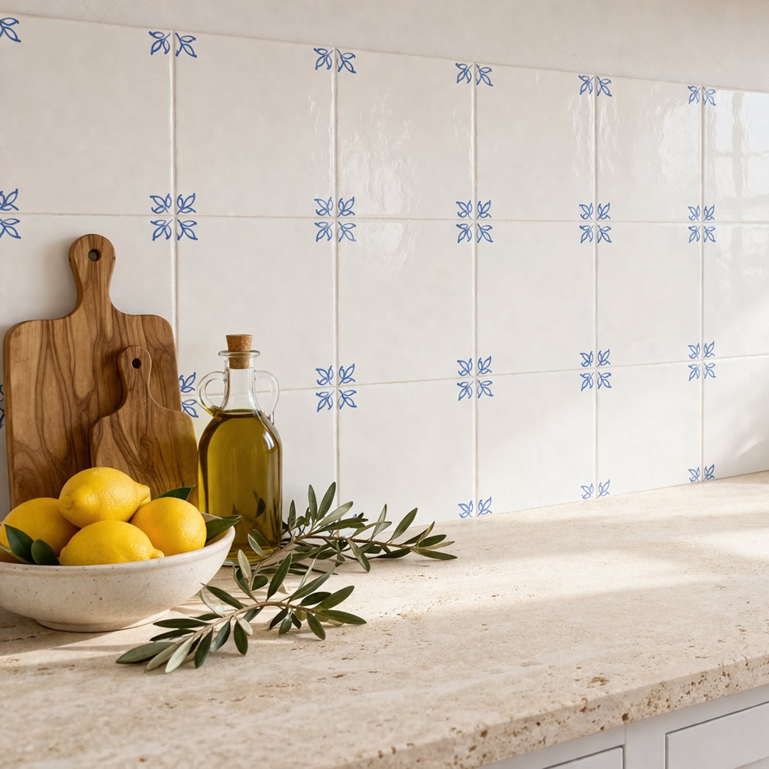 White glazed tiles with blue leaf patterns forming a kitchen backsplash