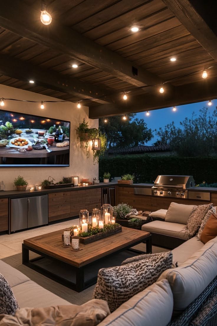 An outdoor covered patio features a large TV screen, built-in grill, refrigerator, and dark wood cabinetry.