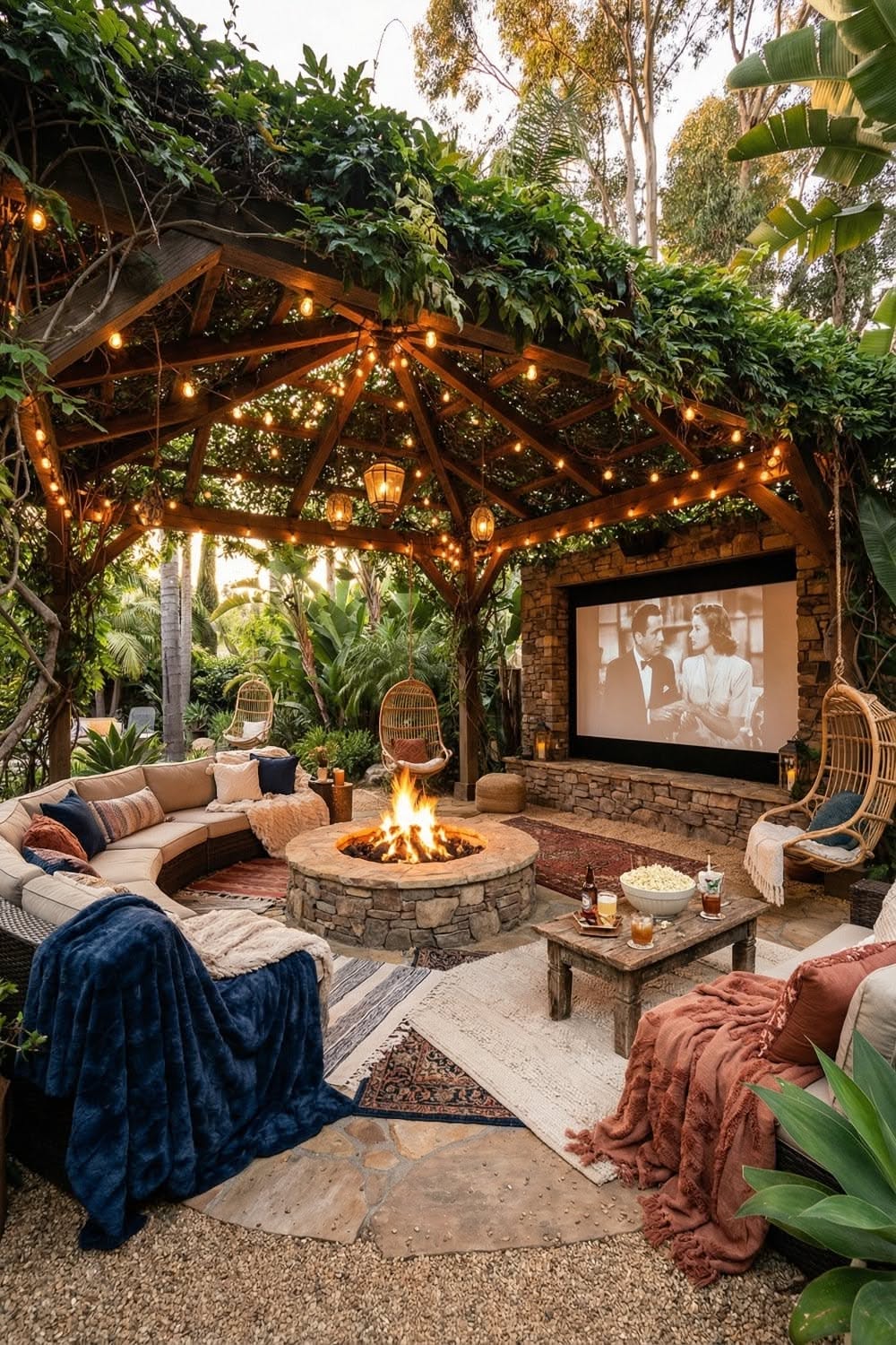 An outdoor living room with a large movie screen, a stone fire pit, string lights, and comfortable sectional seating under a…