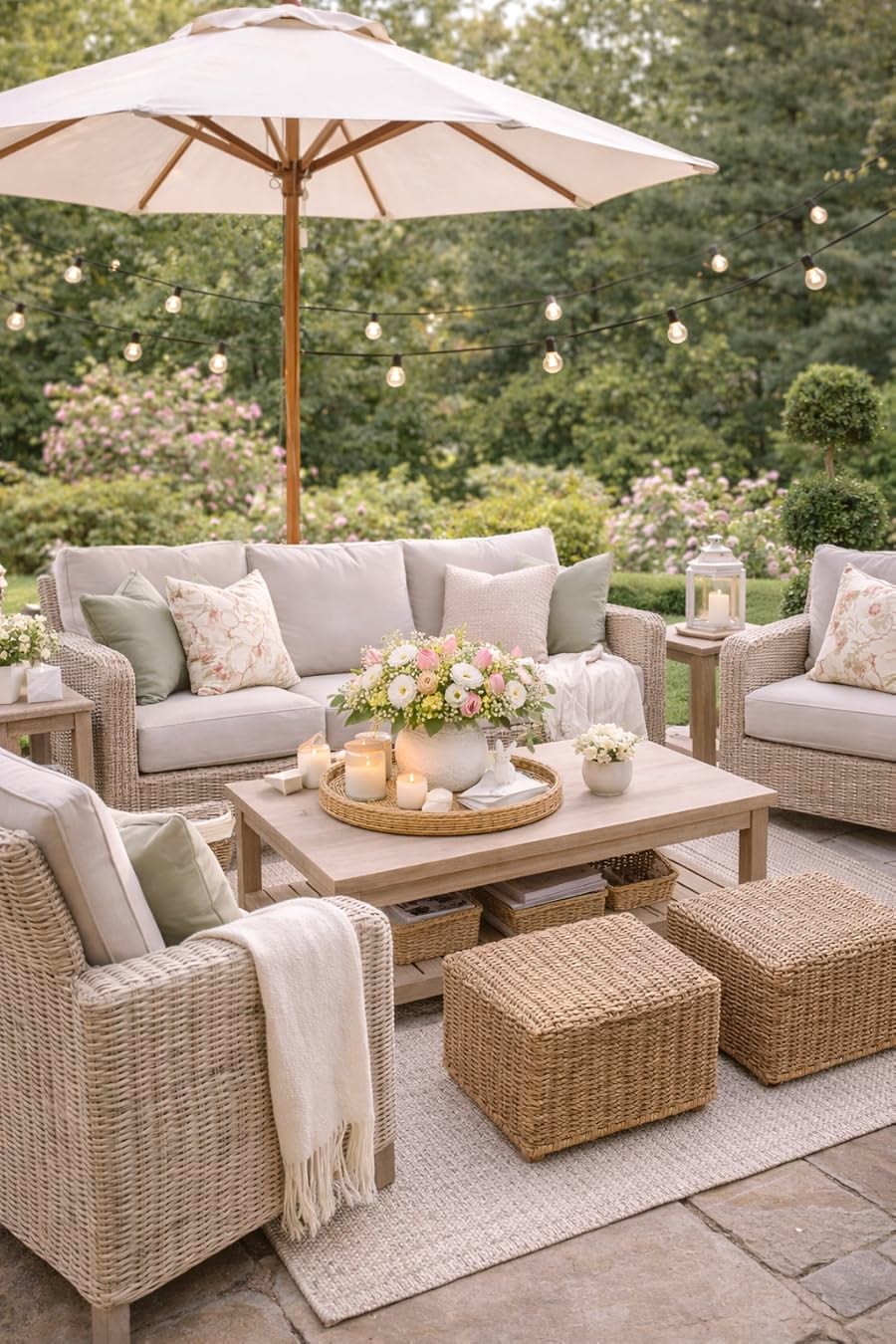 A beige wicker outdoor sofa and armchairs with soft cushions around a wooden coffee table on a patio.