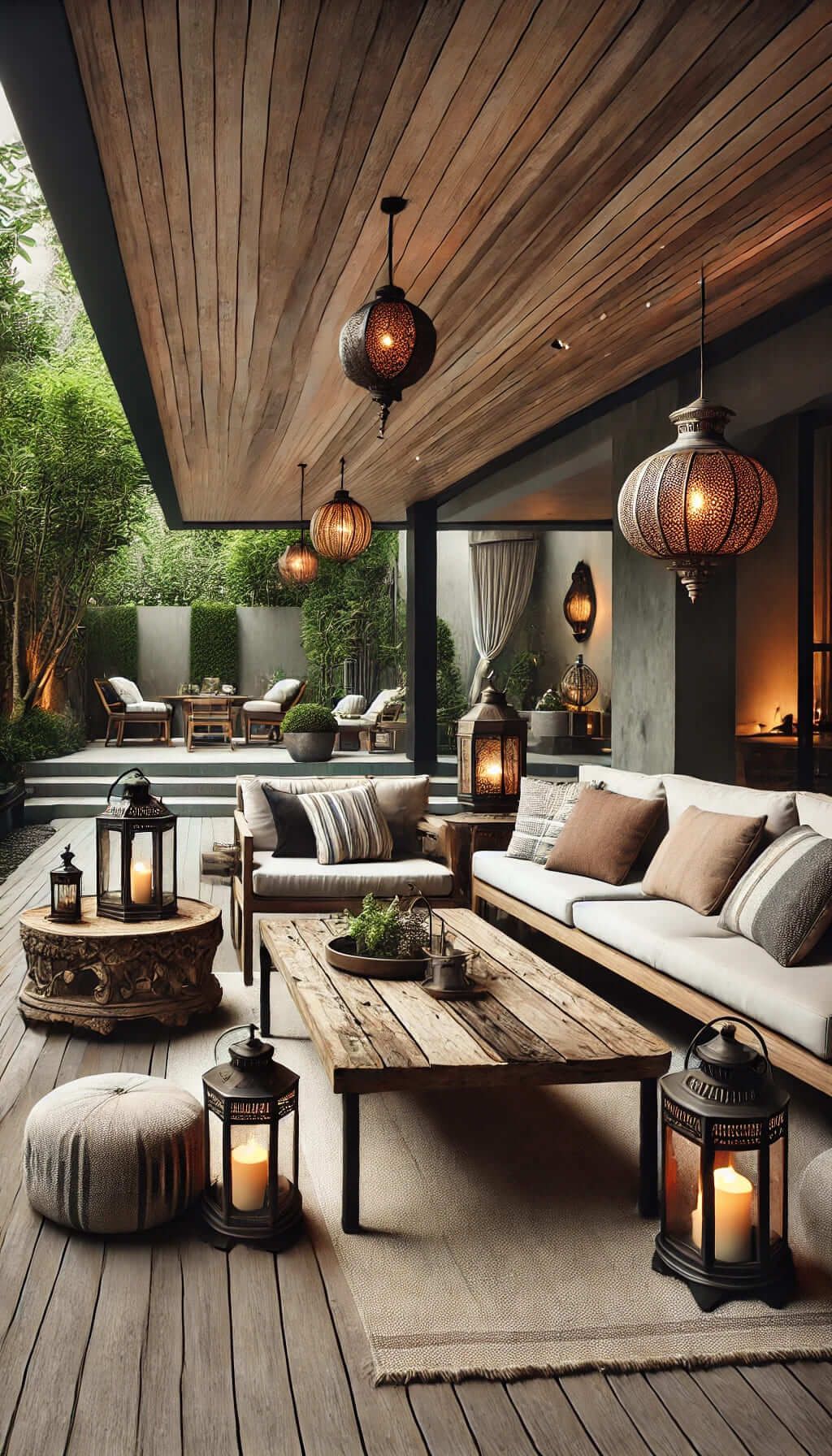 An outdoor living room with wooden furniture and warm lighting from various decorative lanterns and overhead fixtures.