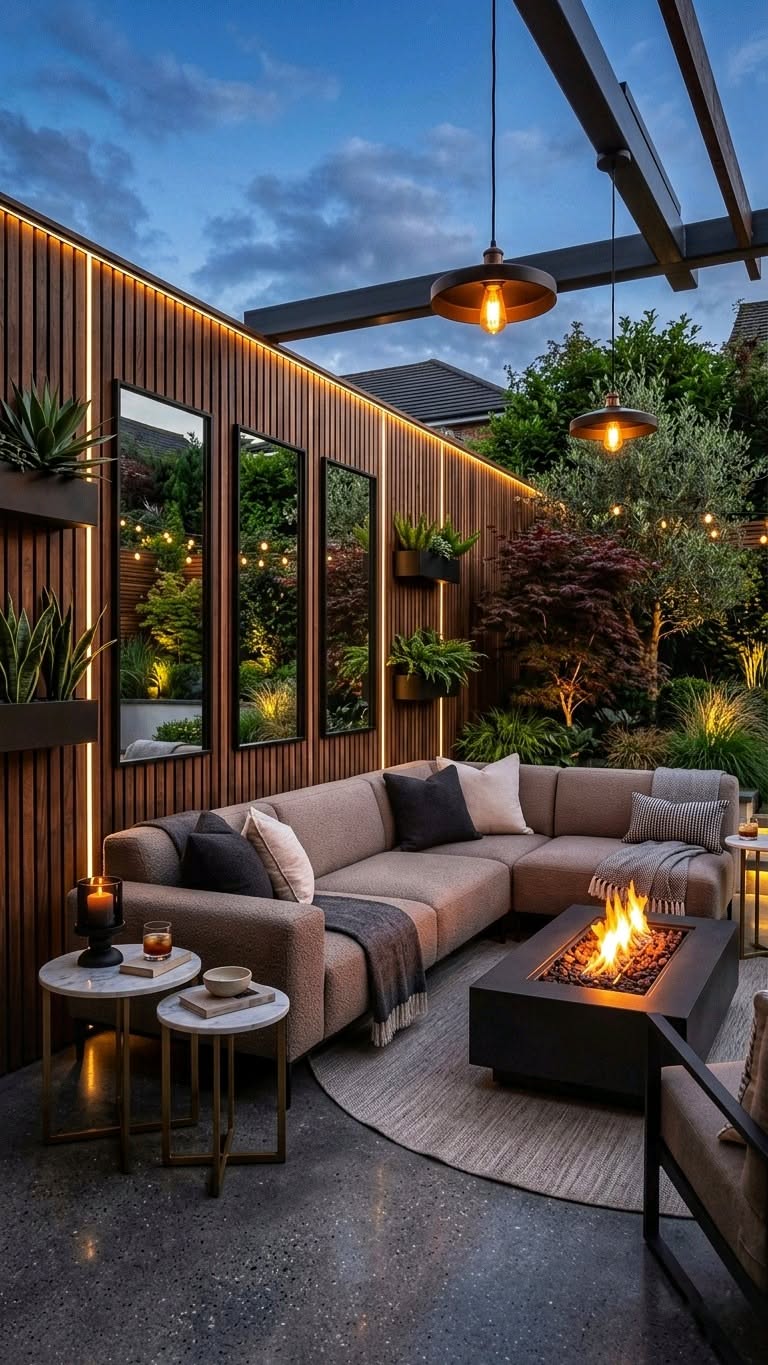 Outdoor living room with an L-shaped sofa, a fire pit table, and a wood plank wall with integrated lighting and mirrors.
