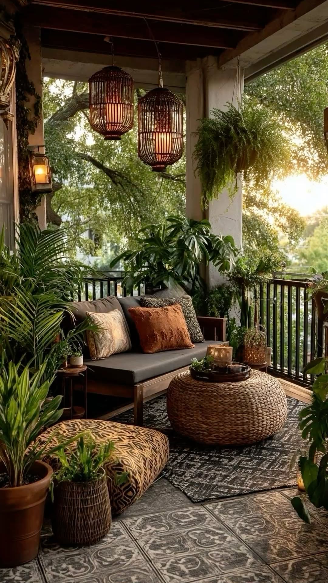 An outdoor living space on a balcony, furnished with a wooden sofa, cushions, potted plants, a woven ottoman, and hanging…