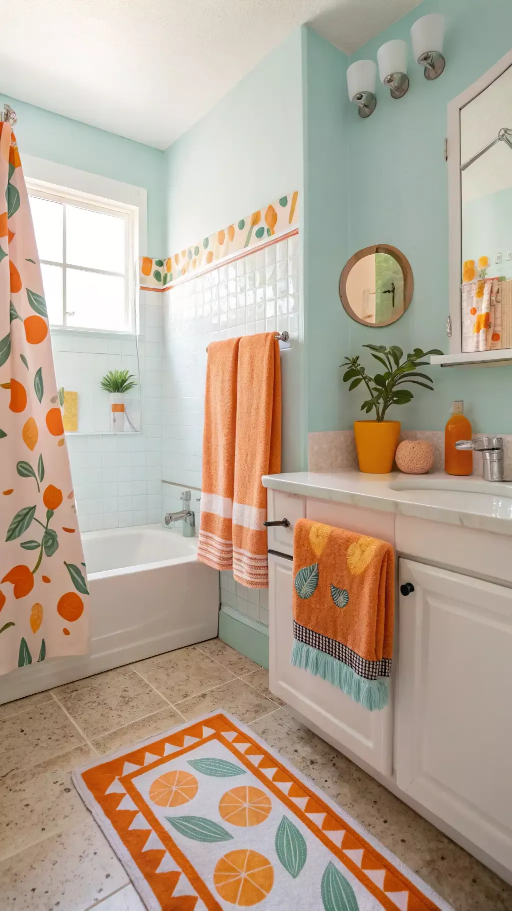 Bathroom featuring a curtain with orange and leaf print, matching towels, and an orange patterned bath rug.