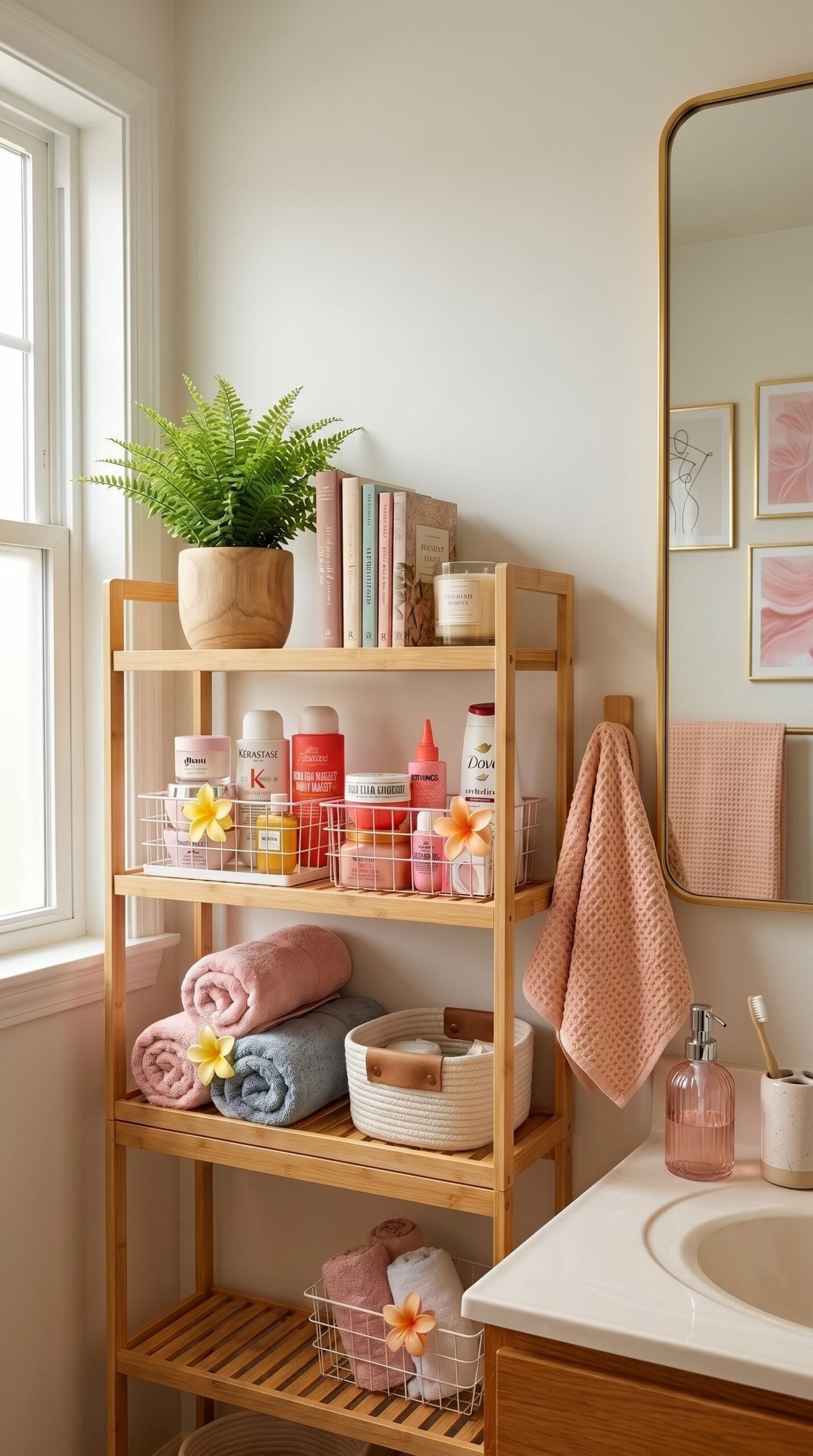 Close-up of a natural wood étagère with various skincare products, towels, and potted greenery.