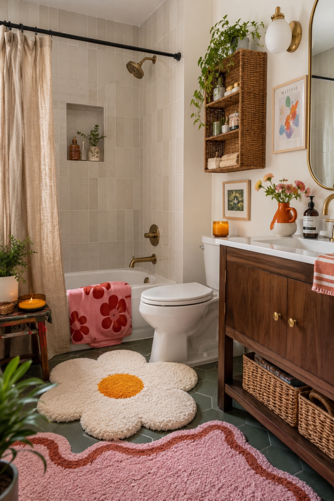 Wooden bathroom vanity with a white countertop and gold hardware, wicker baskets underneath.