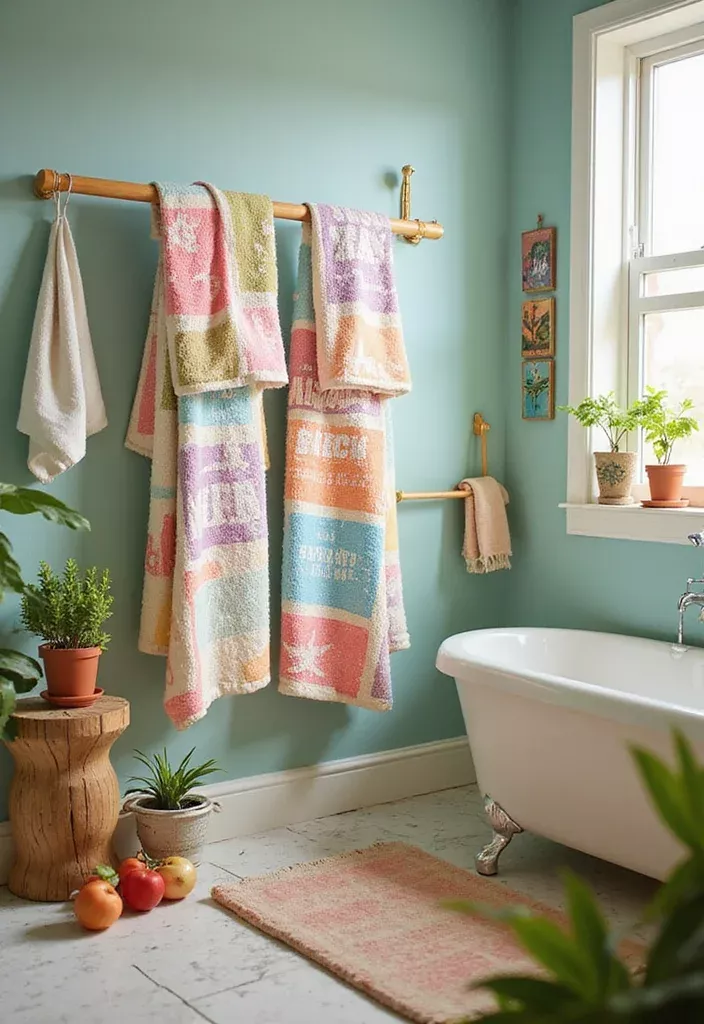 Decorative patterned towels hanging on a wooden towel bar over a freestanding bathtub in a blue bathroom