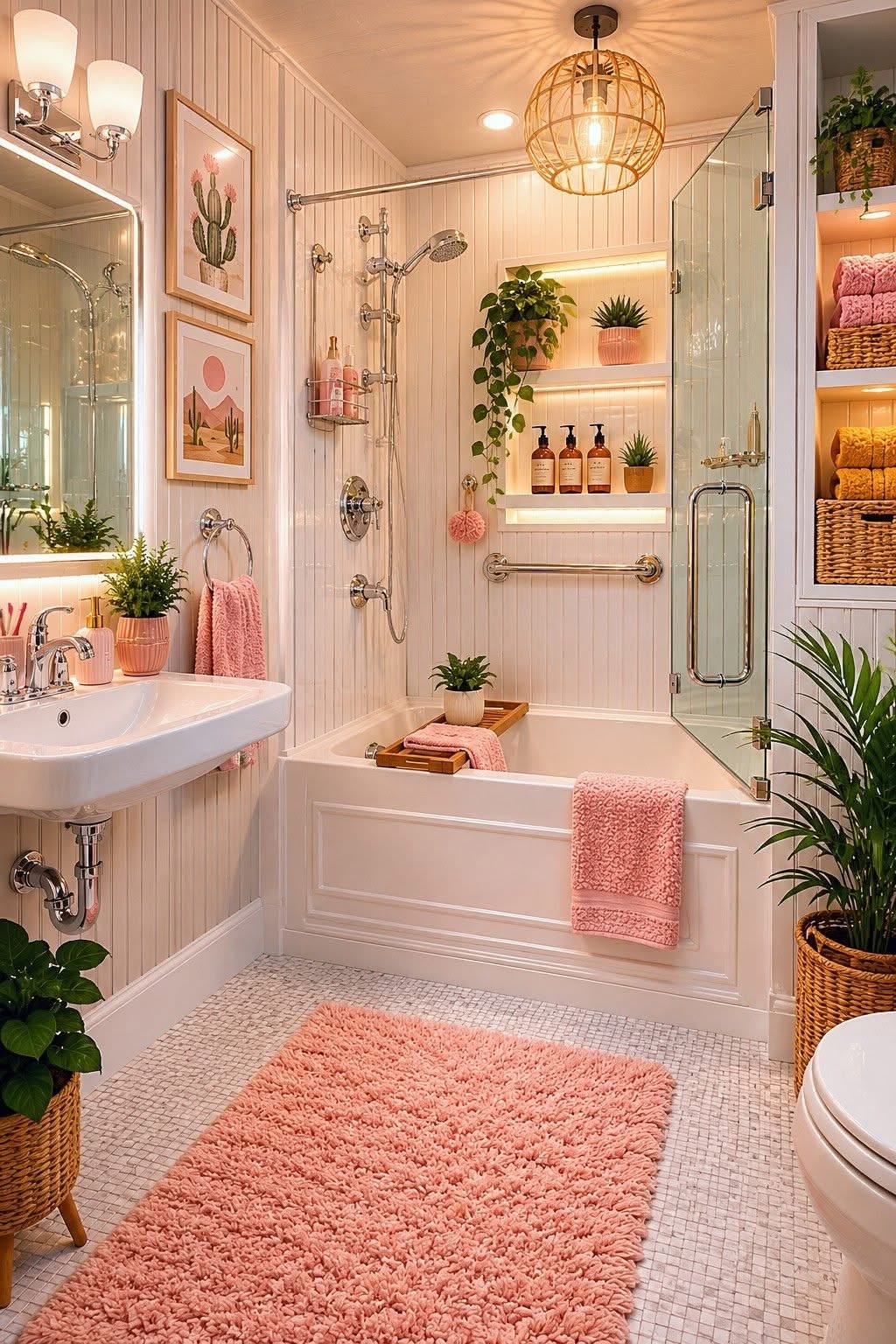 Bathroom with sconce lighting, wicker pendant light, and illuminated shelves