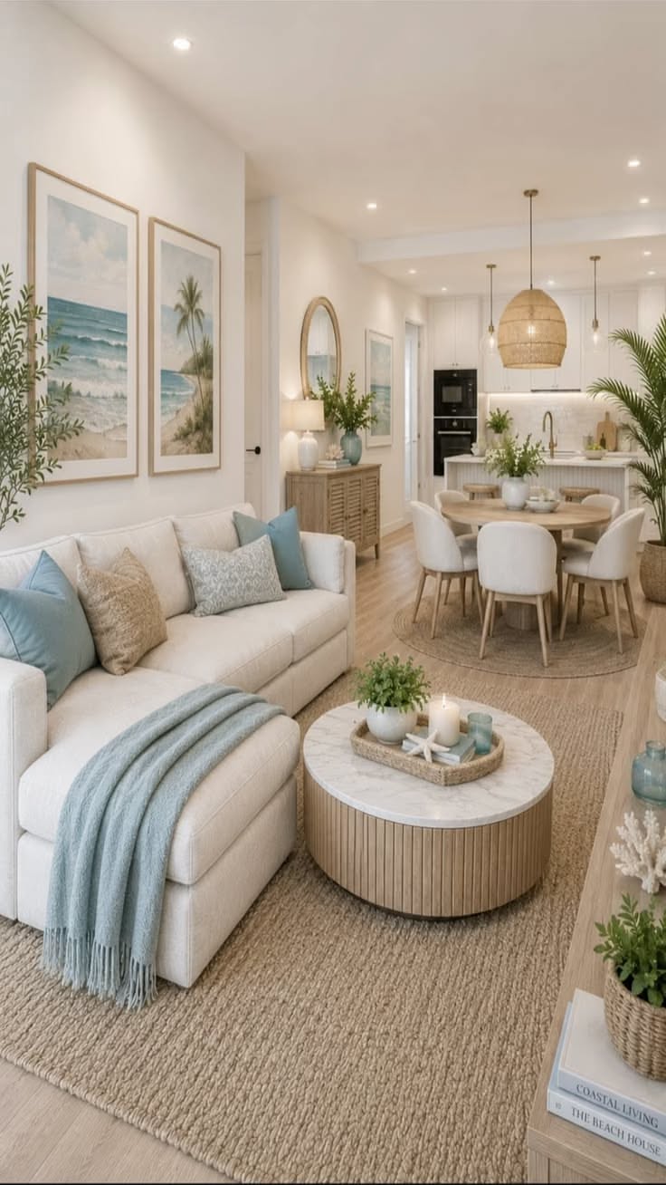 An open-concept living room with white sectional sofa, light blue throw blanket, marble coffee table, and an oval dining…