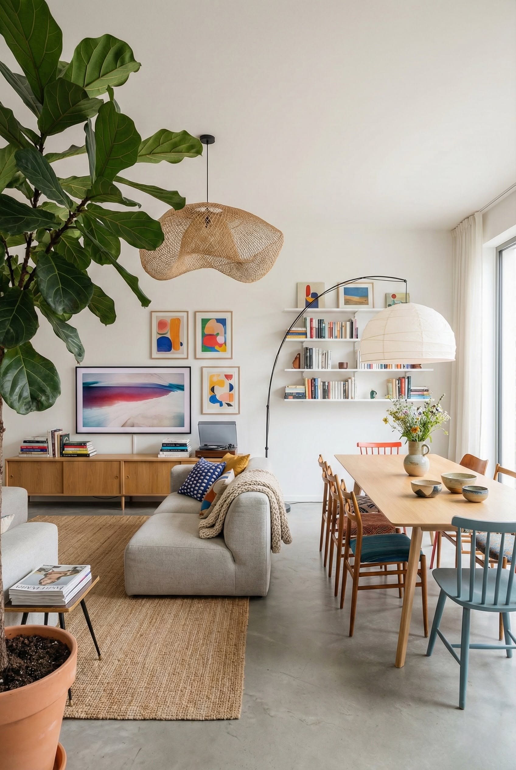 An open-concept living room and dining area, featuring a light grey sectional sofa, a wooden media console, and a dining…