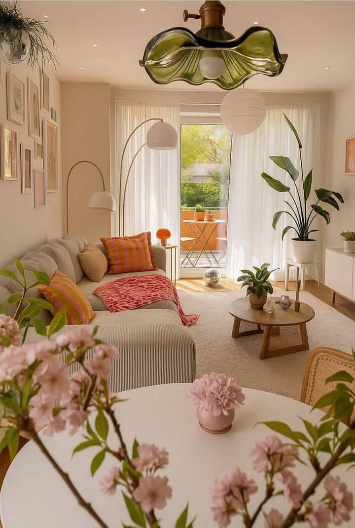 Living room with neutral furniture, a light-colored rug, and a light pink throw layered over a sectional sofa.