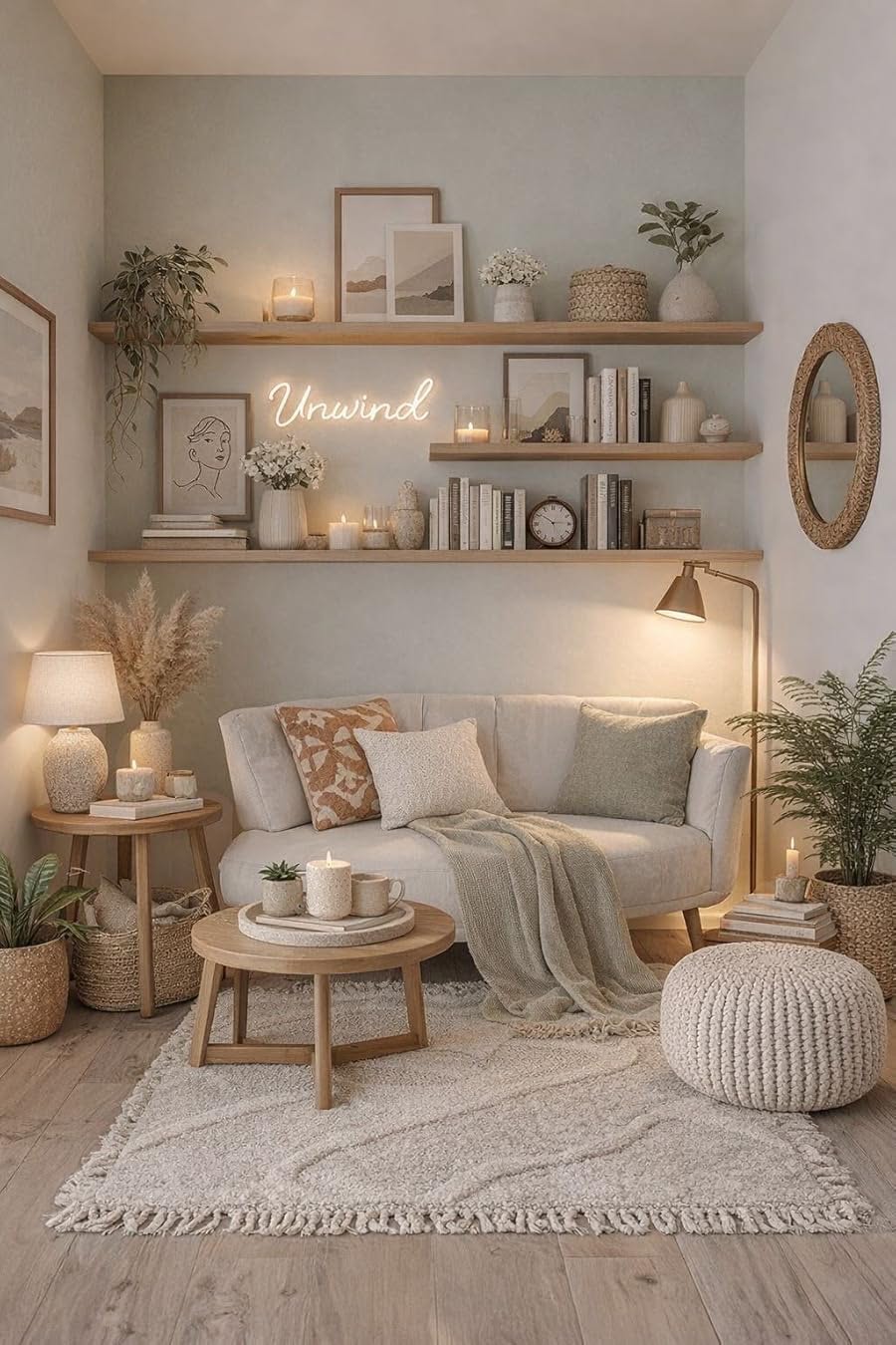 A beige living room with a light gray couch, wooden shelves, green plants, and a neon "Unwind" sign.