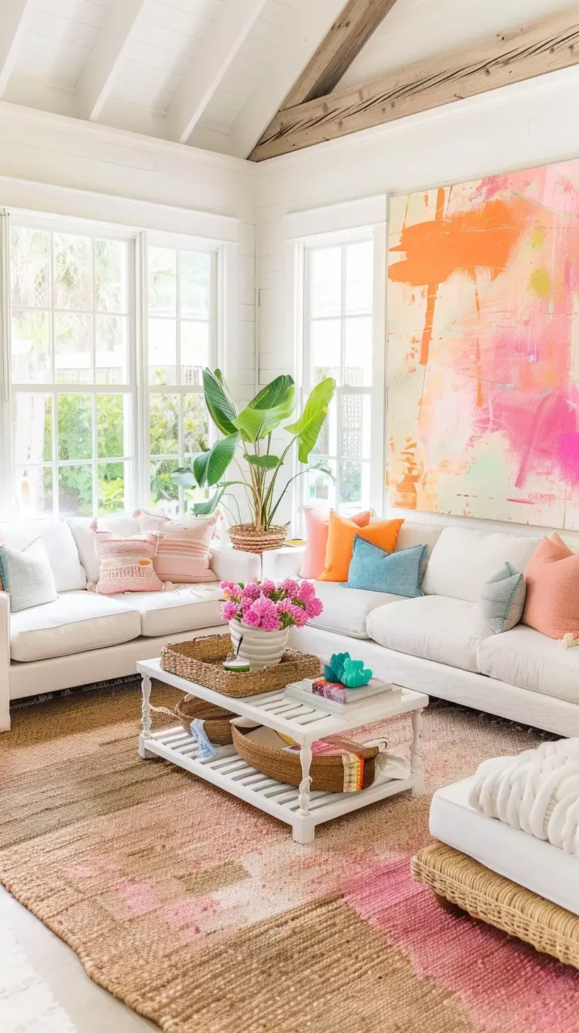 Bright living room with white sofas, large windows, indoor plant, colorful abstract art, and a natural fiber rug.